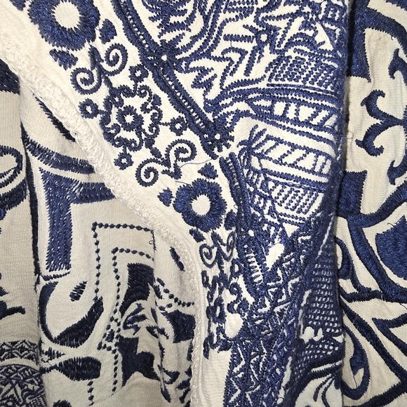 Johnny Was Biya Blue & Cream Embroidered Duster Cardigan Hooded Jacket Size S/M - Picture 3 of 5